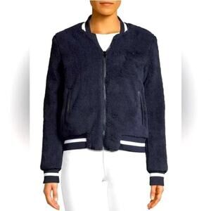 American Stitch Teddy Bomber Collegiate Varsity Jacket leather trim Navy
